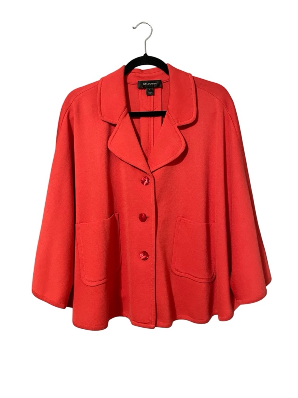 St. John Coral Red Orange Button Front Swing Pocket Cape Coat Jacket Medium